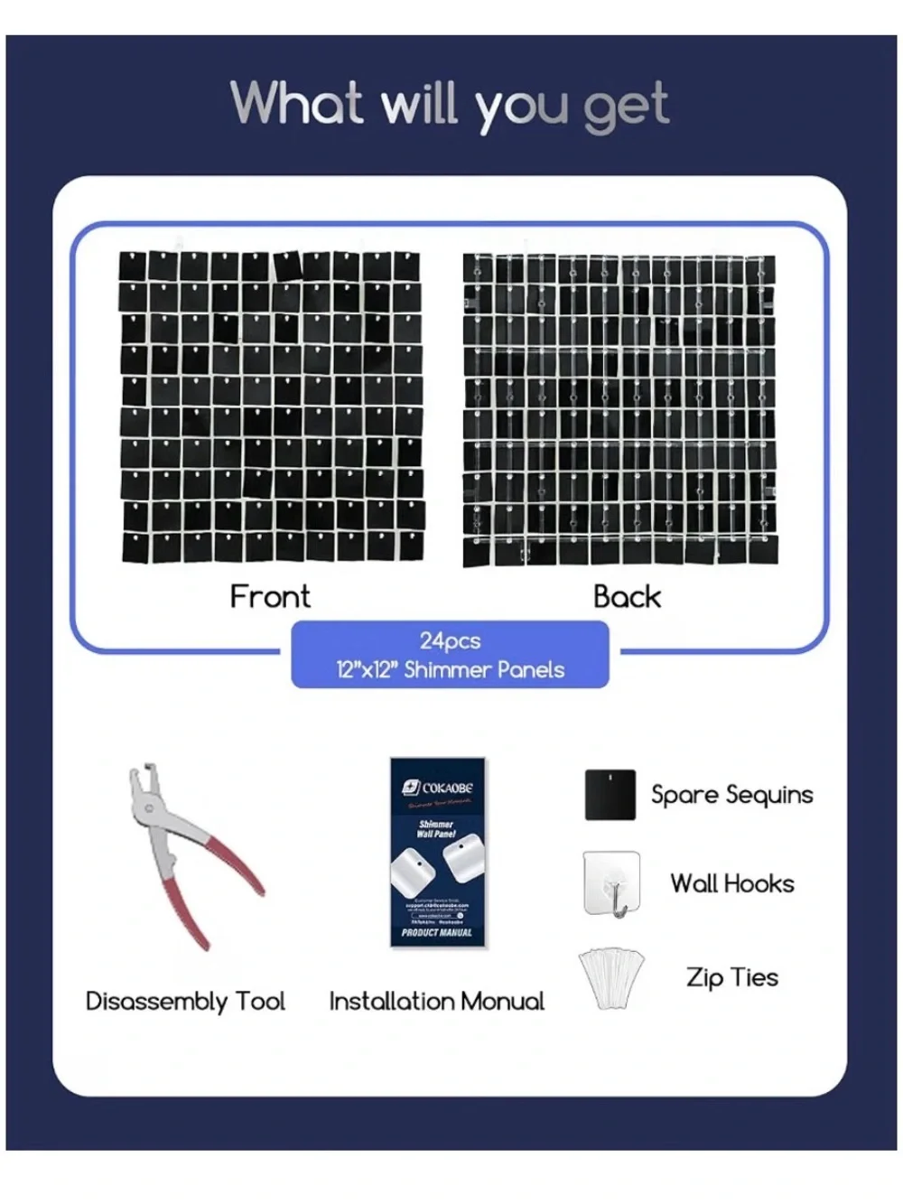 COKAOBE LiteGrid Series Shimmer Wall Backdrop - 24Pcs Black